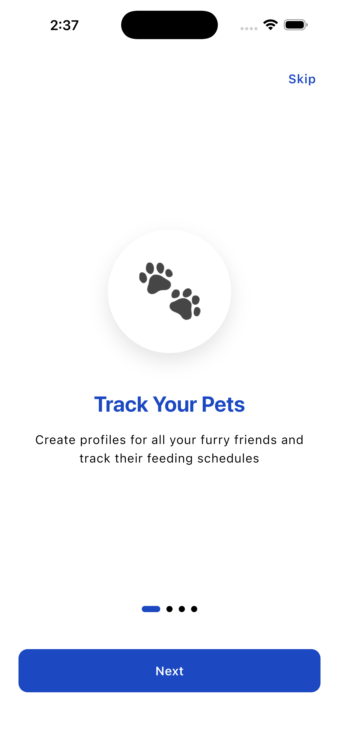 Pet Feeder iOS app home screen showing pet feeding tracker dashboard