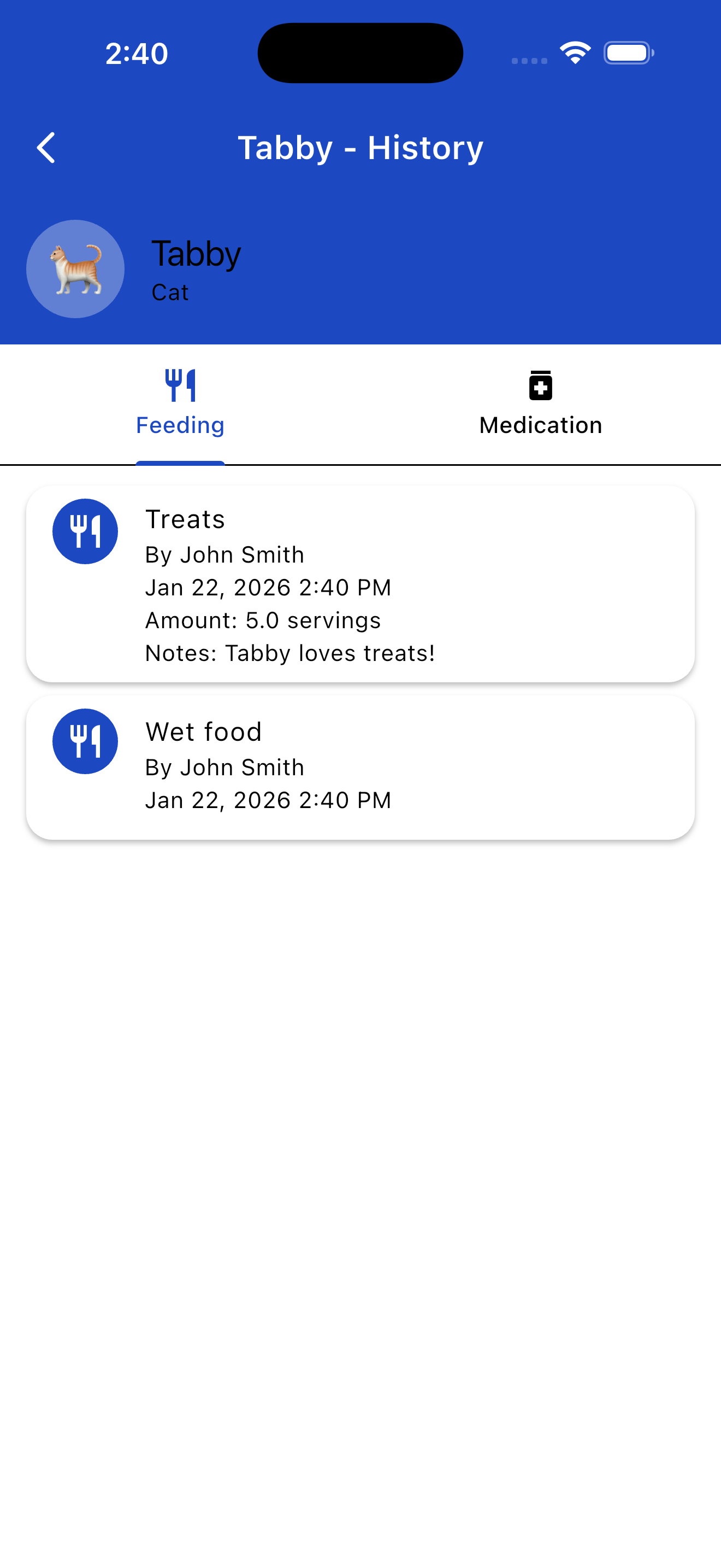 Complete pet feeding and medication history log