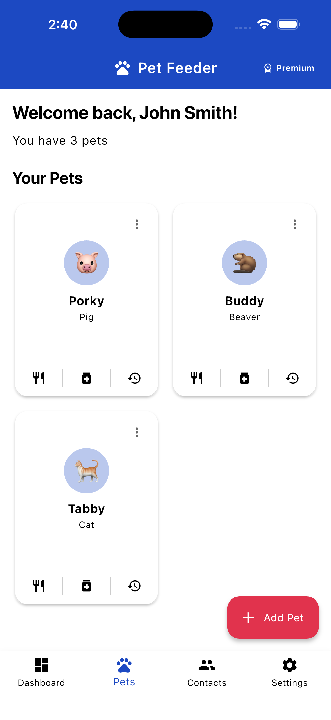Pet management dashboard with multiple dogs and cats